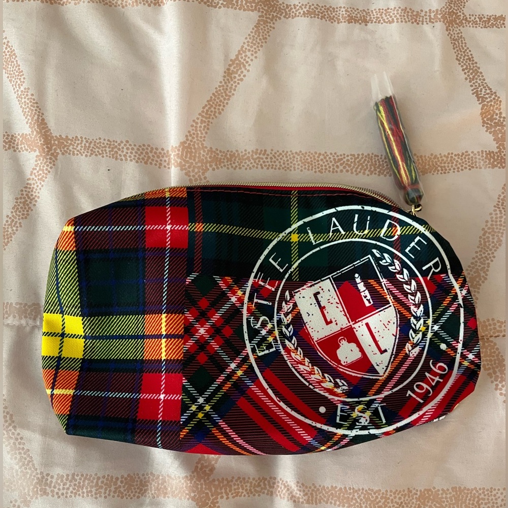 Estee Lauder Green & Red Plaid Design Cosmetics Bag